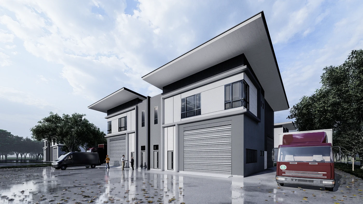 Artist impression of a 60 by 100 foot semi-detached factory