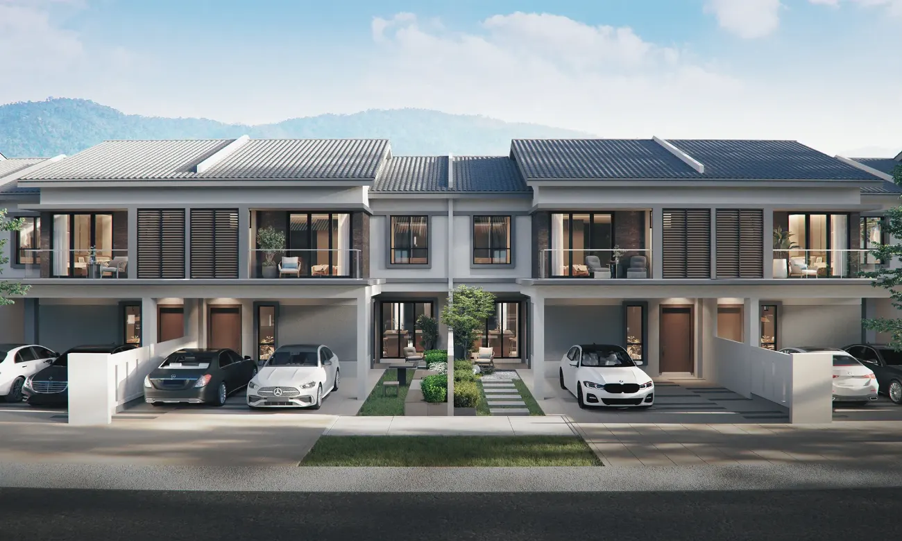 Front view of Batiq 2-storey garden homes with broad façades and driveways