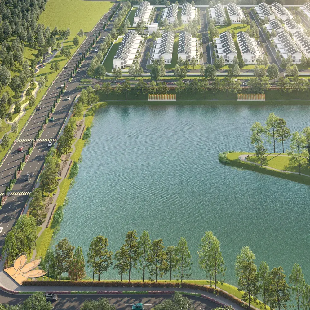 Aerial view of lakeside park, playground and surrounding greenery